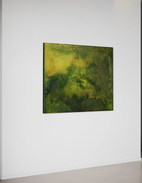 48"x60" painting with earthy tones and vibrant gold, depicting life's layered complexity and growth beneath the surface.