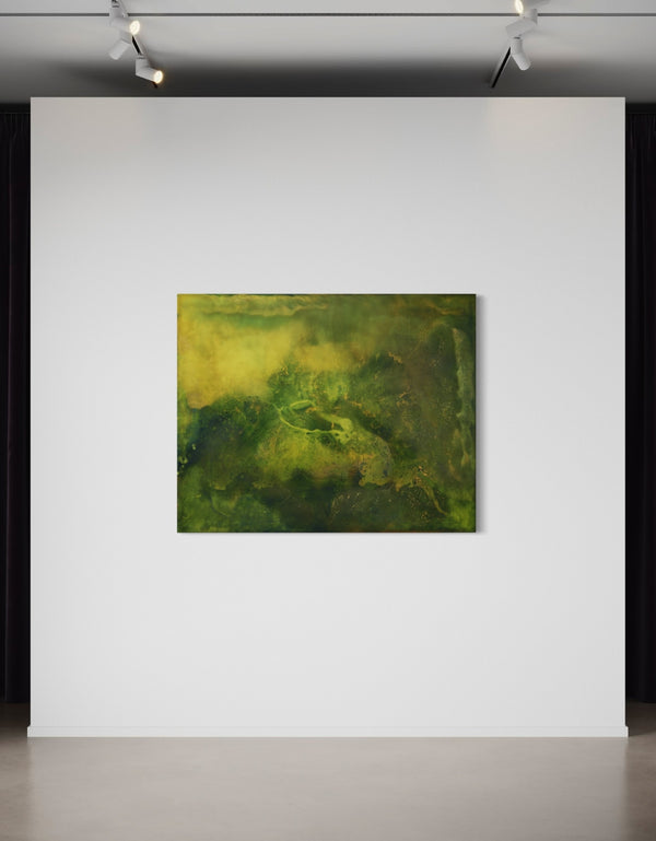 48"x60" painting with earthy tones and vibrant gold, depicting life's layered complexity and growth beneath the surface.