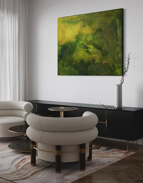 48"x60" painting with earthy tones and vibrant gold, depicting life's layered complexity and growth beneath the surface.