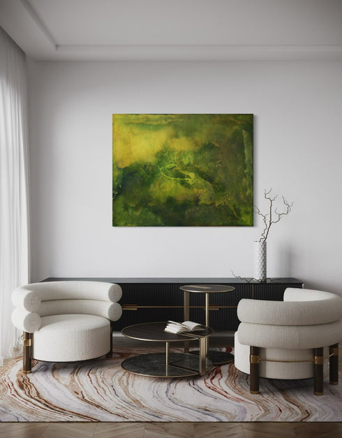 48"x60" painting with earthy tones and vibrant gold, depicting life's layered complexity and growth beneath the surface.