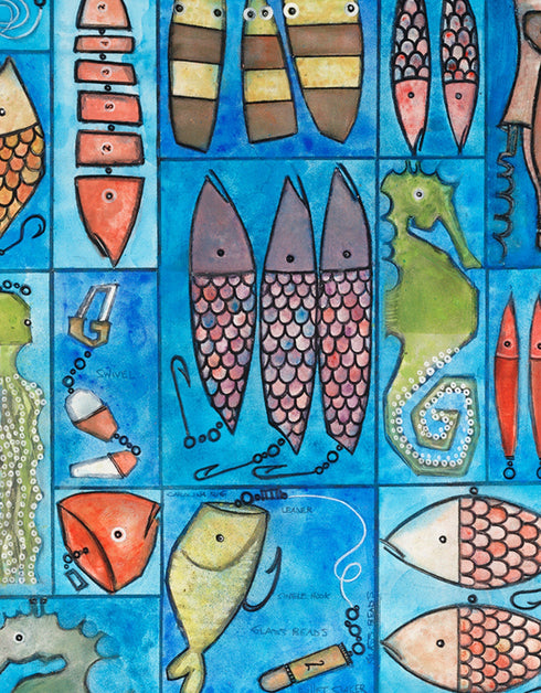 Tackle Box is a Giclee on Canvas Print by Seth B. Minkin, with whimsical design and vibrant blues and greens, reflecting a playful nautical theme.