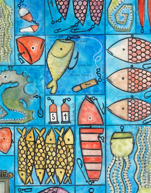 Tackle Box is a Limited Edition Print by Seth B. Minkin, with whimsical design and vibrant blues and greens, reflecting a playful nautical theme.
