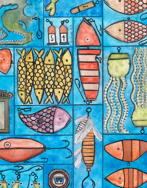 Tackle Box is a Limited Edition Print by Seth B. Minkin, with whimsical design and vibrant blues and greens, reflecting a playful nautical theme.