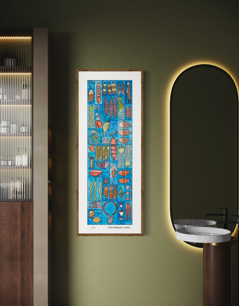 Tackle Box is a Limited Edition Print by Seth B. Minkin, with whimsical design and vibrant blues and greens, reflecting a playful nautical theme.