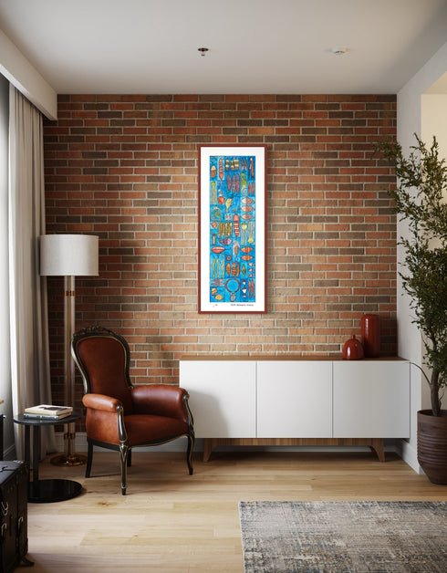 Tackle Box is a Limited Edition Print by Seth B. Minkin, with whimsical design and vibrant blues and greens, reflecting a playful nautical theme.