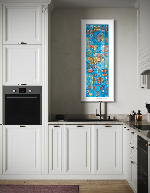 Tackle Box is a Limited Edition Print by Seth B. Minkin, with whimsical design and vibrant blues and greens, reflecting a playful nautical theme.