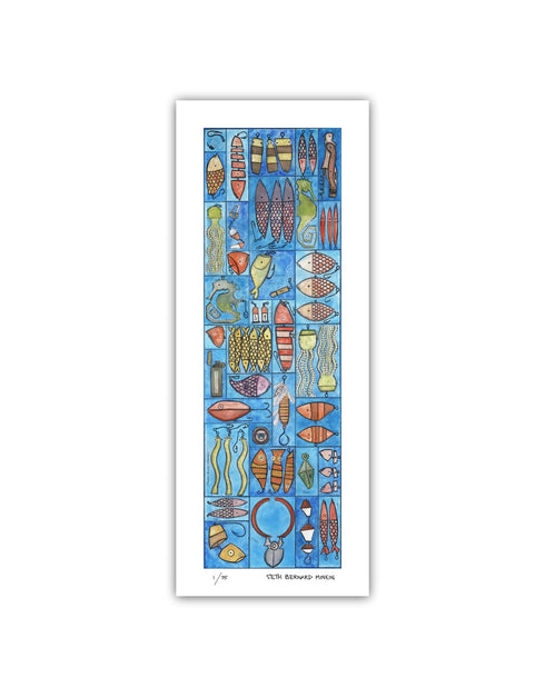 Tackle Box is a Limited Edition Print by Seth B. Minkin, with whimsical design and vibrant blues and greens, reflecting a playful nautical theme.