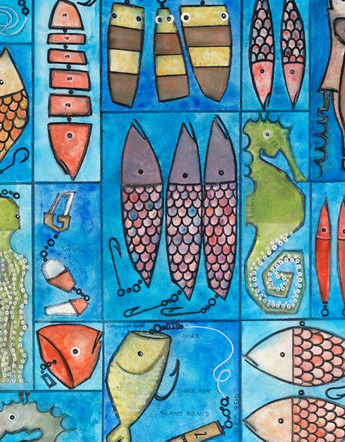 Whimsical painting with nautical charm, featuring sardines and marine elements in bright, engaging colors.