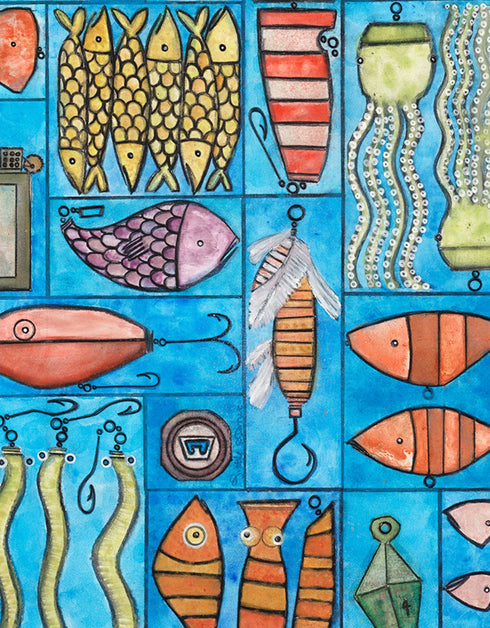 Whimsical painting with nautical charm, featuring sardines and marine elements in bright, engaging colors.