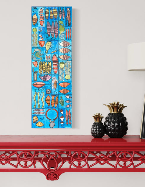 Whimsical painting with nautical charm, featuring sardines and marine elements in bright, engaging colors.