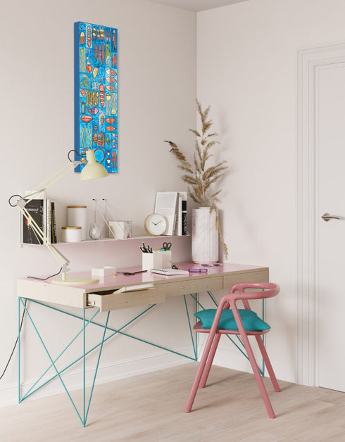 Whimsical painting with nautical charm, featuring sardines and marine elements in bright, engaging colors.