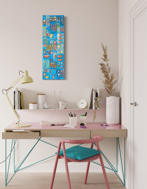 Whimsical painting with nautical charm, featuring sardines and marine elements in bright, engaging colors.
