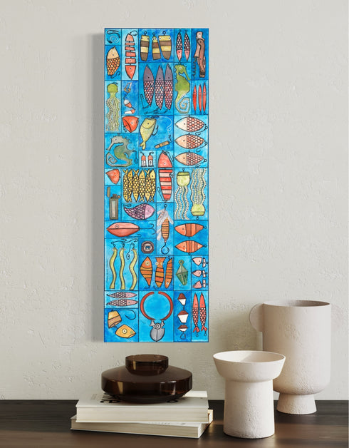 Whimsical painting with nautical charm, featuring sardines and marine elements in bright, engaging colors.
