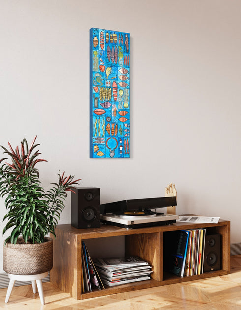 Whimsical painting with nautical charm, featuring sardines and marine elements in bright, engaging colors.