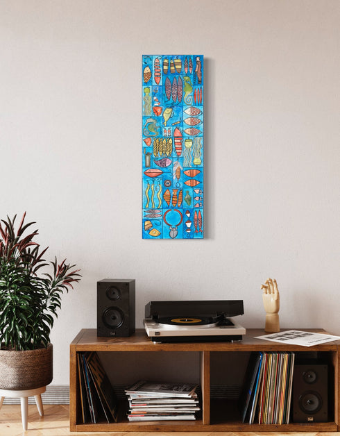 Whimsical painting with nautical charm, featuring sardines and marine elements in bright, engaging colors.