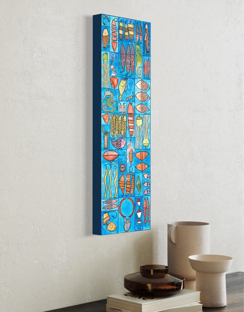 Whimsical painting with nautical charm, featuring sardines and marine elements in bright, engaging colors.
