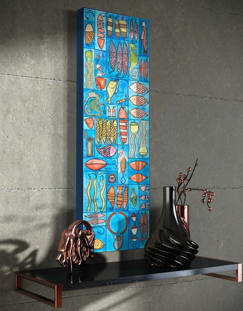 Whimsical painting with nautical charm, featuring sardines and marine elements in bright, engaging colors.