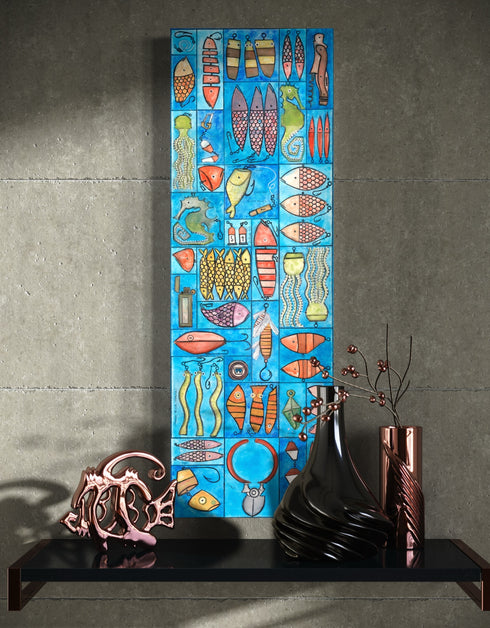 Whimsical painting with nautical charm, featuring sardines and marine elements in bright, engaging colors.