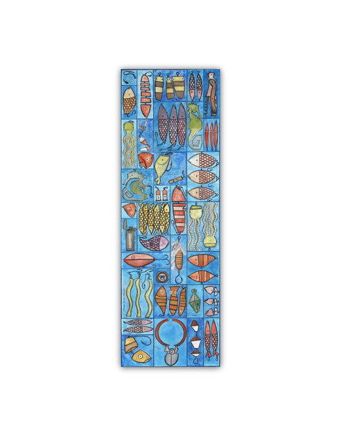 Whimsical painting with nautical charm, featuring sardines and marine elements in bright, engaging colors.