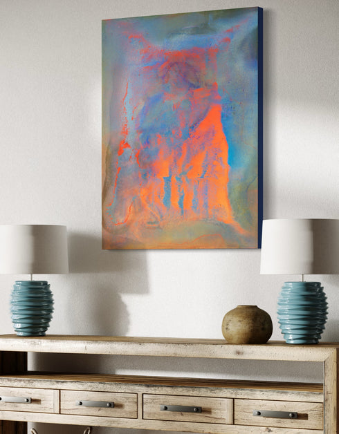 Compact painting celebrating earth, fire, water, and air with vivid colors and dynamic contrasts.