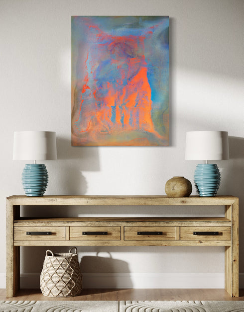 Compact painting celebrating earth, fire, water, and air with vivid colors and dynamic contrasts.