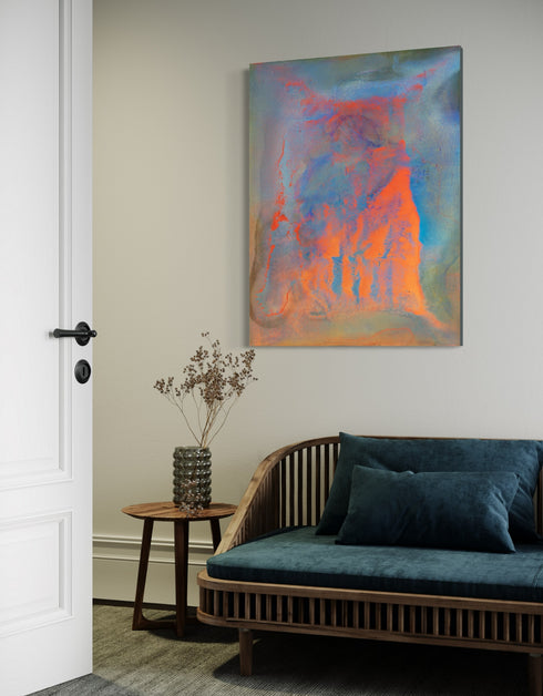 Compact painting celebrating earth, fire, water, and air with vivid colors and dynamic contrasts.