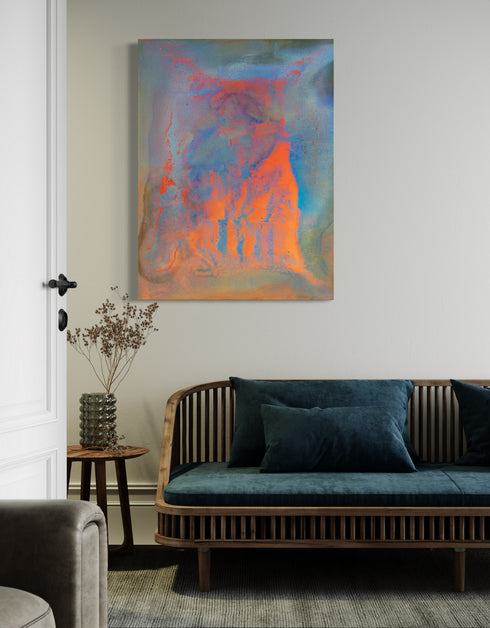 Compact painting celebrating earth, fire, water, and air with vivid colors and dynamic contrasts.