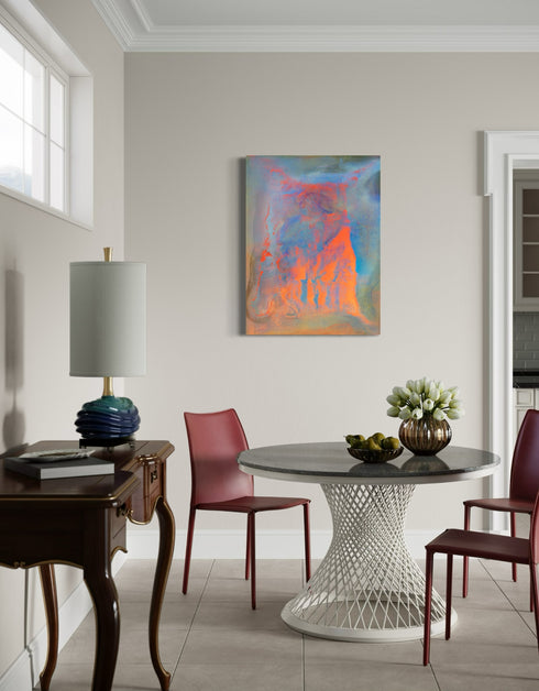 Compact painting celebrating earth, fire, water, and air with vivid colors and dynamic contrasts.