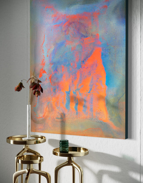 Compact painting celebrating earth, fire, water, and air with vivid colors and dynamic contrasts.