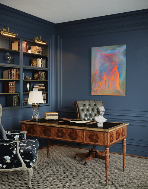 Compact painting celebrating earth, fire, water, and air with vivid colors and dynamic contrasts.