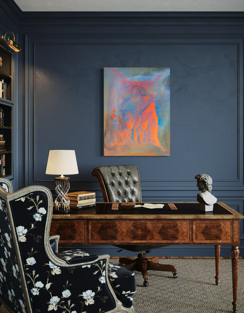 Compact painting celebrating earth, fire, water, and air with vivid colors and dynamic contrasts.