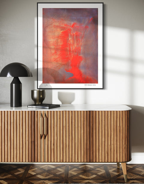 Volcano is a Limited Edition Print by Seth B. Minkin, with fiery reds, oranges, and blacks, capturing explosive energy and dynamic composition.