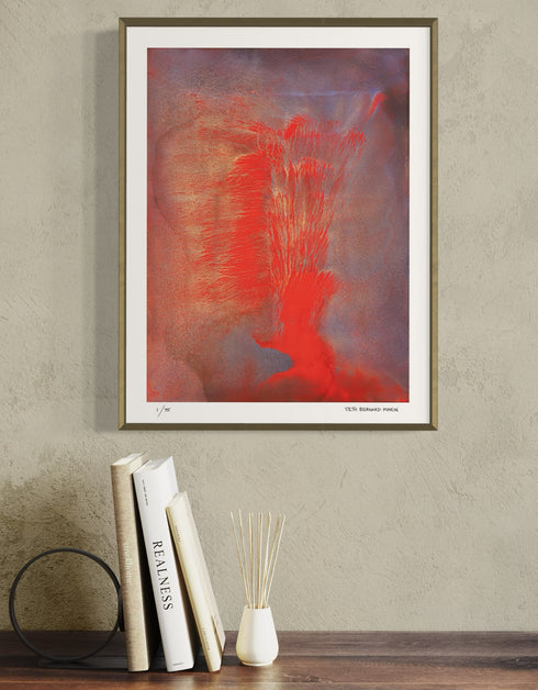 Volcano is a Limited Edition Print by Seth B. Minkin, with fiery reds, oranges, and blacks, capturing explosive energy and dynamic composition.