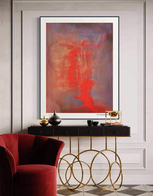 Volcano is a Limited Edition Print by Seth B. Minkin, with fiery reds, oranges, and blacks, capturing explosive energy and dynamic composition.