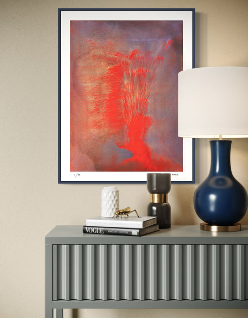 Volcano is a Limited Edition Print by Seth B. Minkin, with fiery reds, oranges, and blacks, capturing explosive energy and dynamic composition.