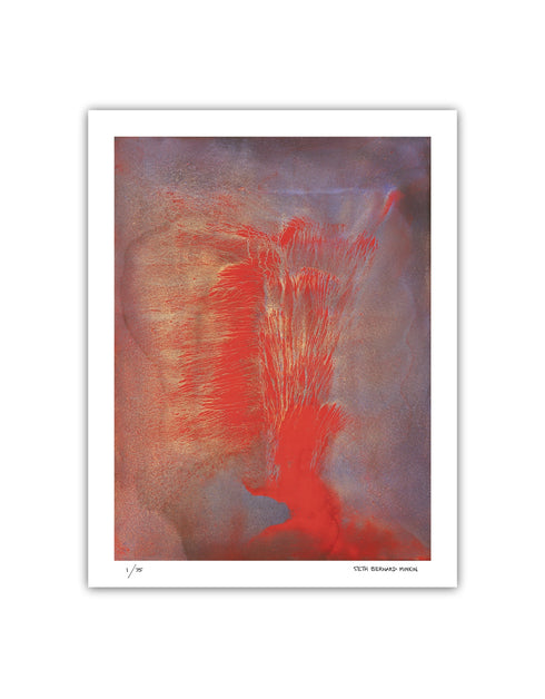 Volcano is a Limited Edition Print by Seth B. Minkin, with fiery reds, oranges, and blacks, capturing explosive energy and dynamic composition.