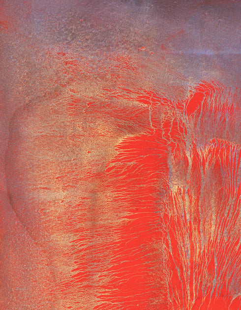 30"x40" painting with vibrant reds, golds, and aubergine, capturing the explosive energy of a volcano.