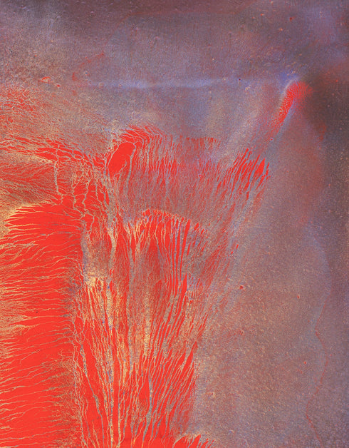 30"x40" painting with vibrant reds, golds, and aubergine, capturing the explosive energy of a volcano.