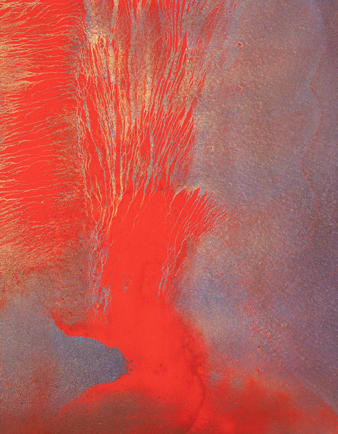 30"x40" painting with vibrant reds, golds, and aubergine, capturing the explosive energy of a volcano.