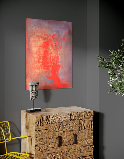 30"x40" painting with vibrant reds, golds, and aubergine, capturing the explosive energy of a volcano.