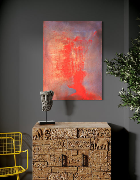 30"x40" painting with vibrant reds, golds, and aubergine, capturing the explosive energy of a volcano.