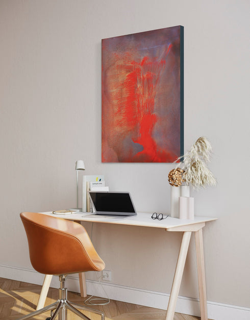 30"x40" painting with vibrant reds, golds, and aubergine, capturing the explosive energy of a volcano.