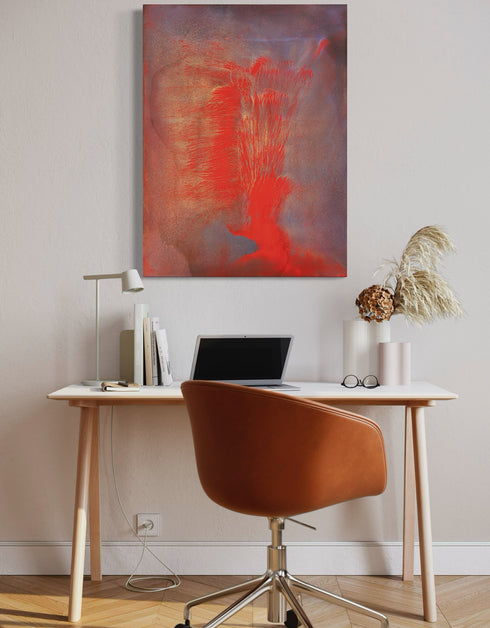 30"x40" painting with vibrant reds, golds, and aubergine, capturing the explosive energy of a volcano.