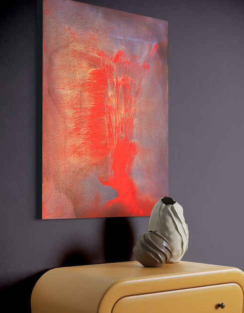 30"x40" painting with vibrant reds, golds, and aubergine, capturing the explosive energy of a volcano.