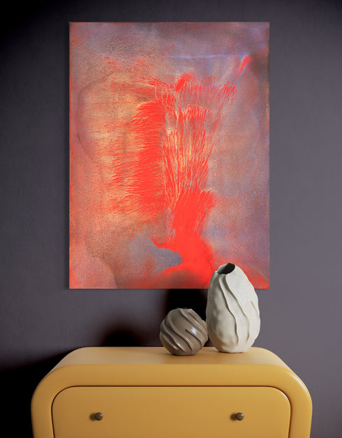 30"x40" painting with vibrant reds, golds, and aubergine, capturing the explosive energy of a volcano.