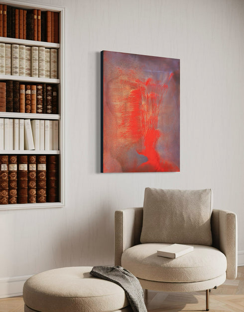 30"x40" painting with vibrant reds, golds, and aubergine, capturing the explosive energy of a volcano.