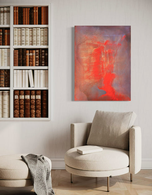 30"x40" painting with vibrant reds, golds, and aubergine, capturing the explosive energy of a volcano.