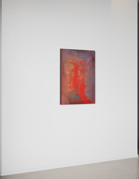 30"x40" painting with vibrant reds, golds, and aubergine, capturing the explosive energy of a volcano.