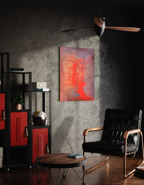 30"x40" painting with vibrant reds, golds, and aubergine, capturing the explosive energy of a volcano.