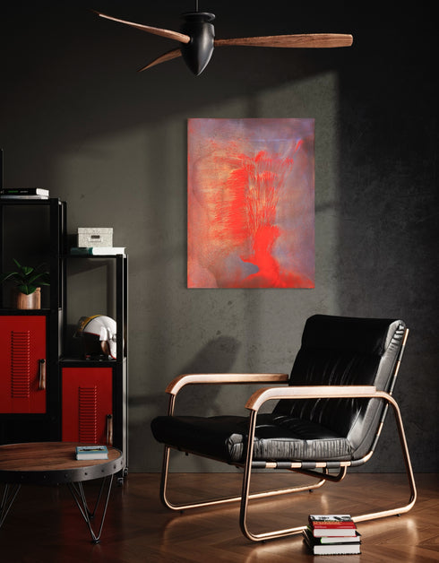 30"x40" painting with vibrant reds, golds, and aubergine, capturing the explosive energy of a volcano.